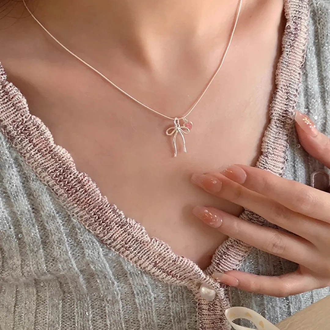 925 Silver Bow Pink Diamond Heart Necklace