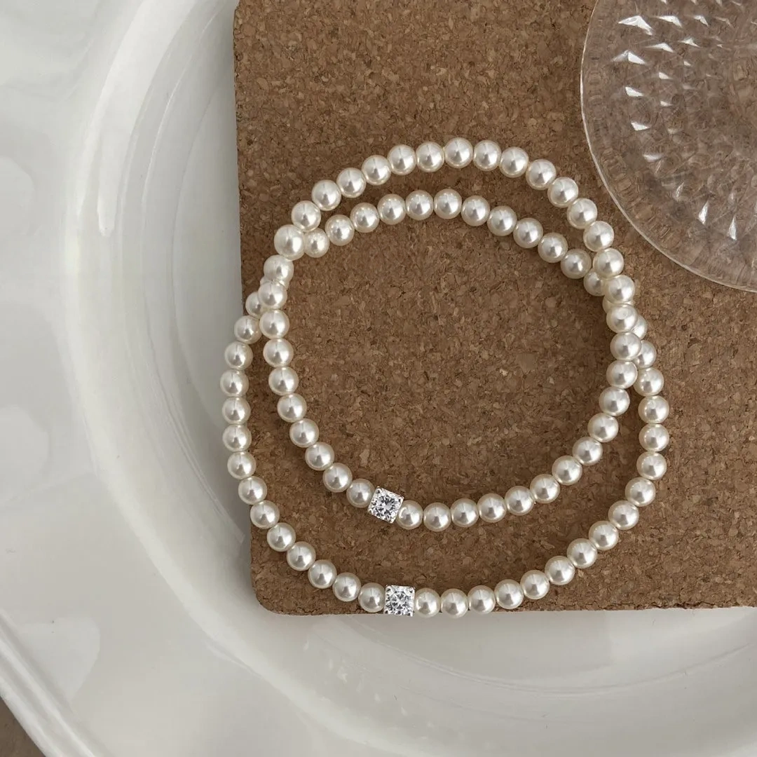 925 silver small sugar cube Haoshi artificial pearl bracelet