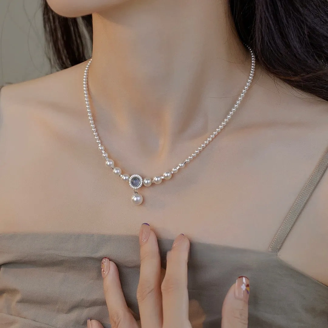 925 silver faux pearl natural aquamarine necklace