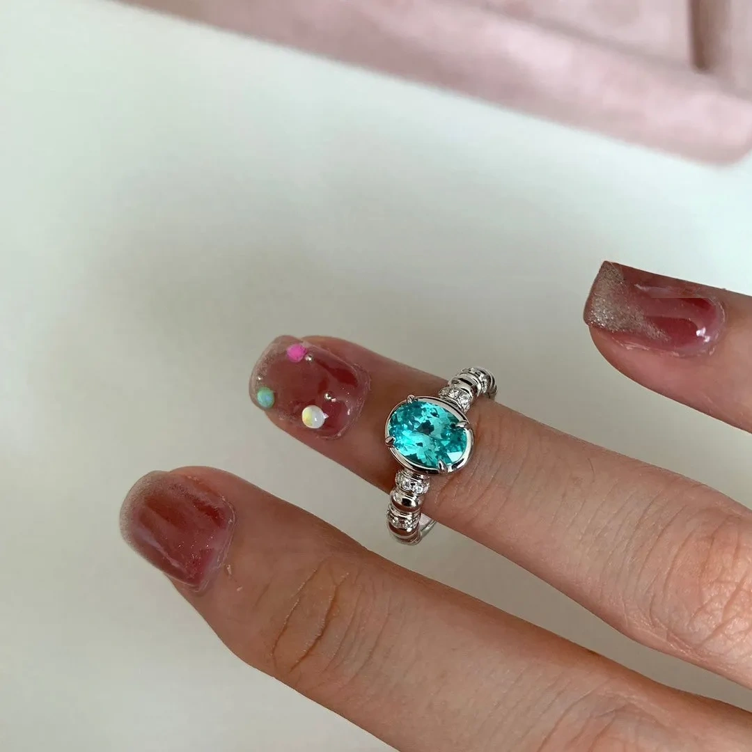 925 silver 6*8 imported ice flower cut shallow sea blue ring