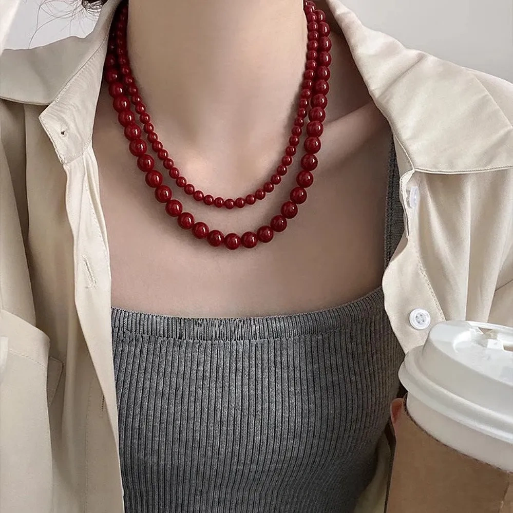 Full of atmosphere 925 silver encore red faux pearl necklace
