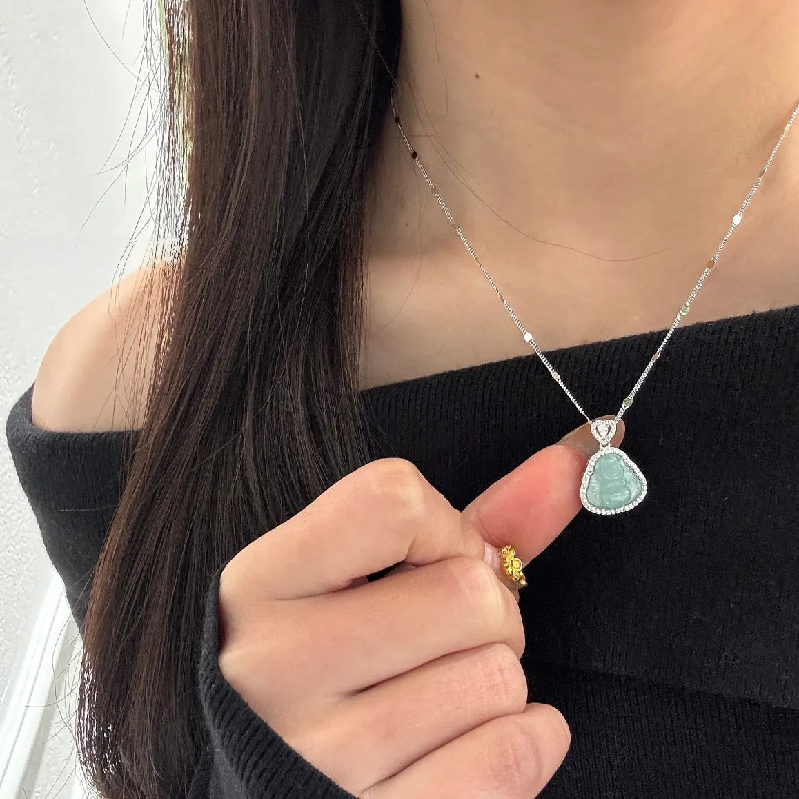925 silver blue water jade Maitreya Buddha necklace