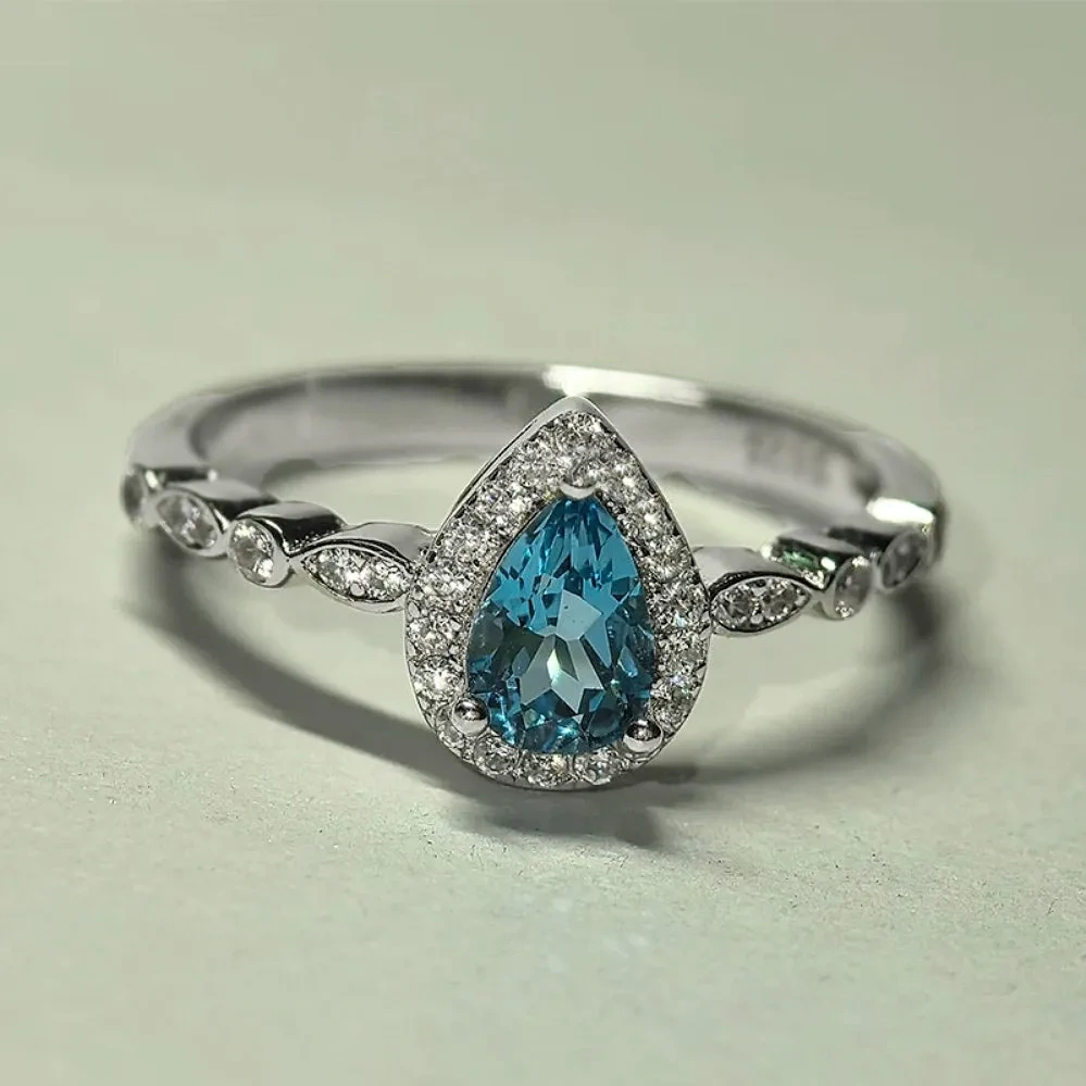 925 Silver 6*8mm Ocean Blue Ring