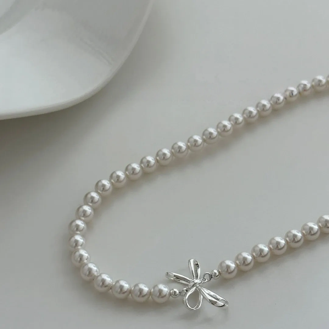 925 Silver Sweet Bow Pearl Necklace