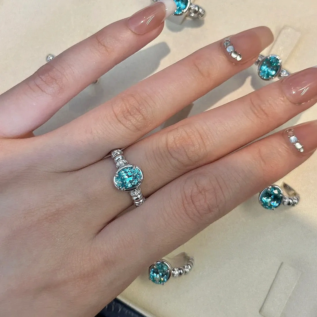 925 silver 6*8 imported ice flower cut shallow sea blue ring