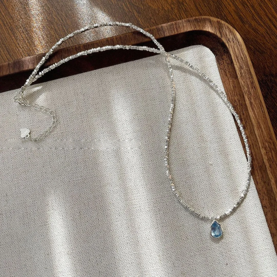 925 silver crushed silver black spinel blue zircon necklace