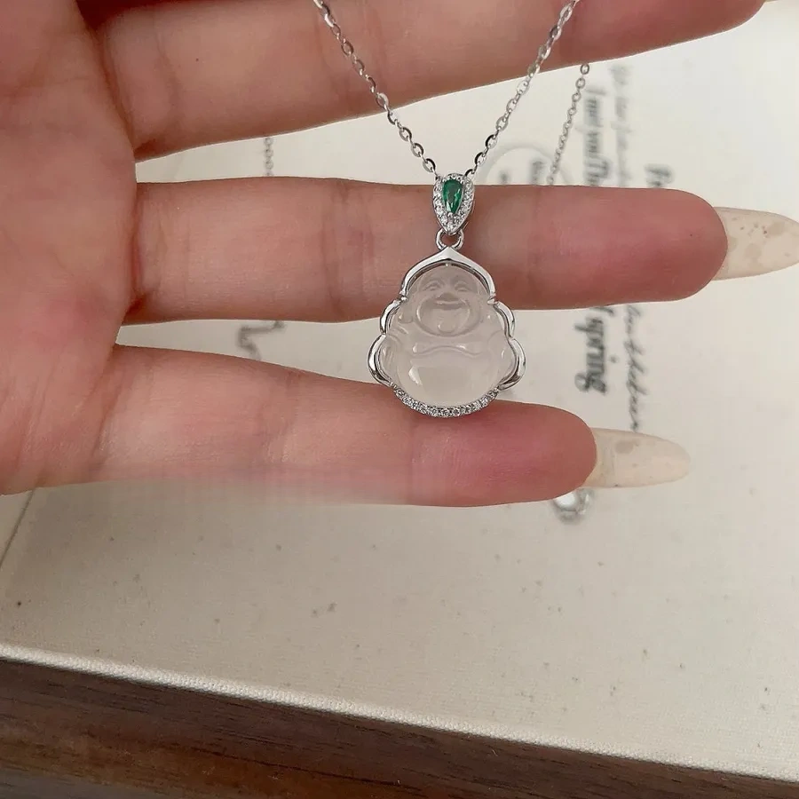 925 silver and white chalcedony Maitreya Buddha necklace