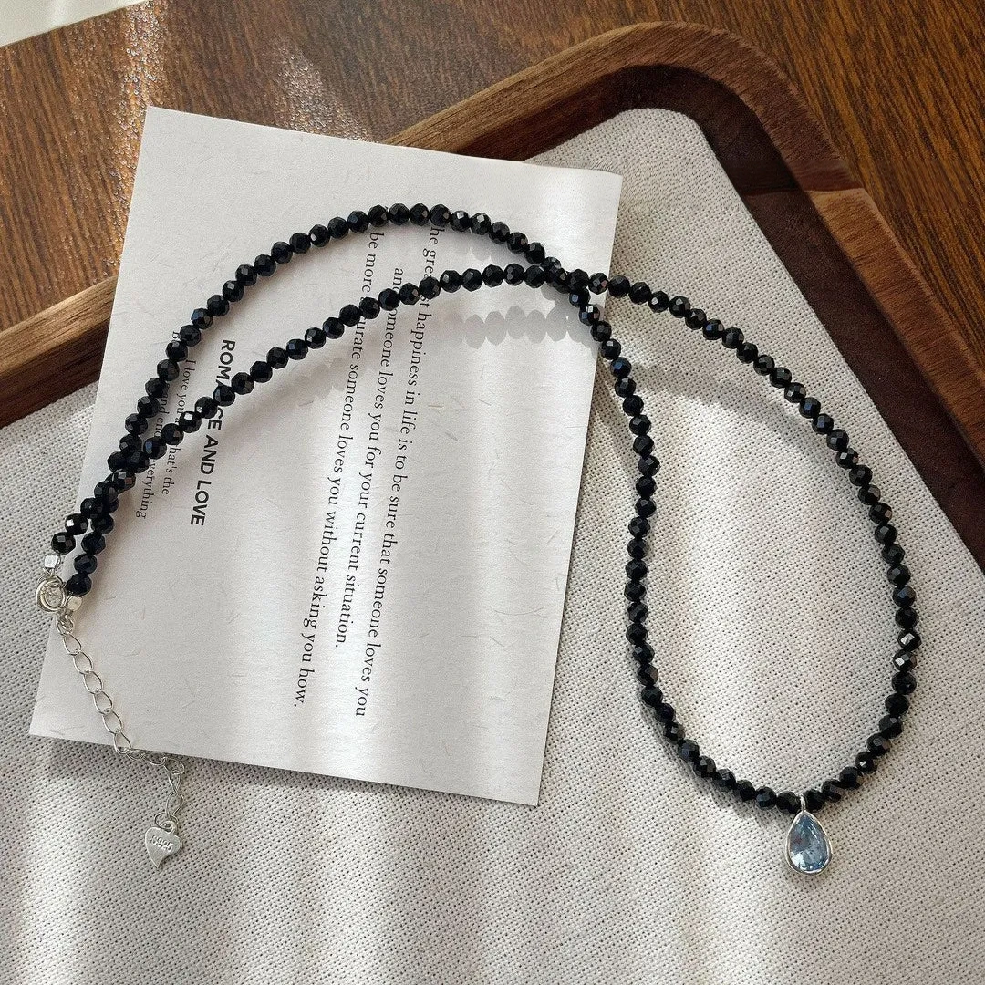 925 silver crushed silver black spinel blue zircon necklace