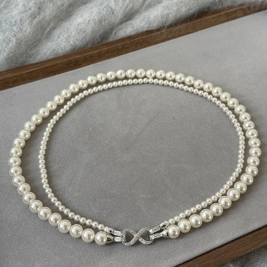 Figure-eight buckle gray double-layered pearl necklace