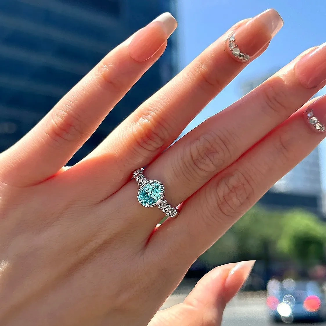 925 silver 6*8 imported ice flower cut shallow sea blue ring