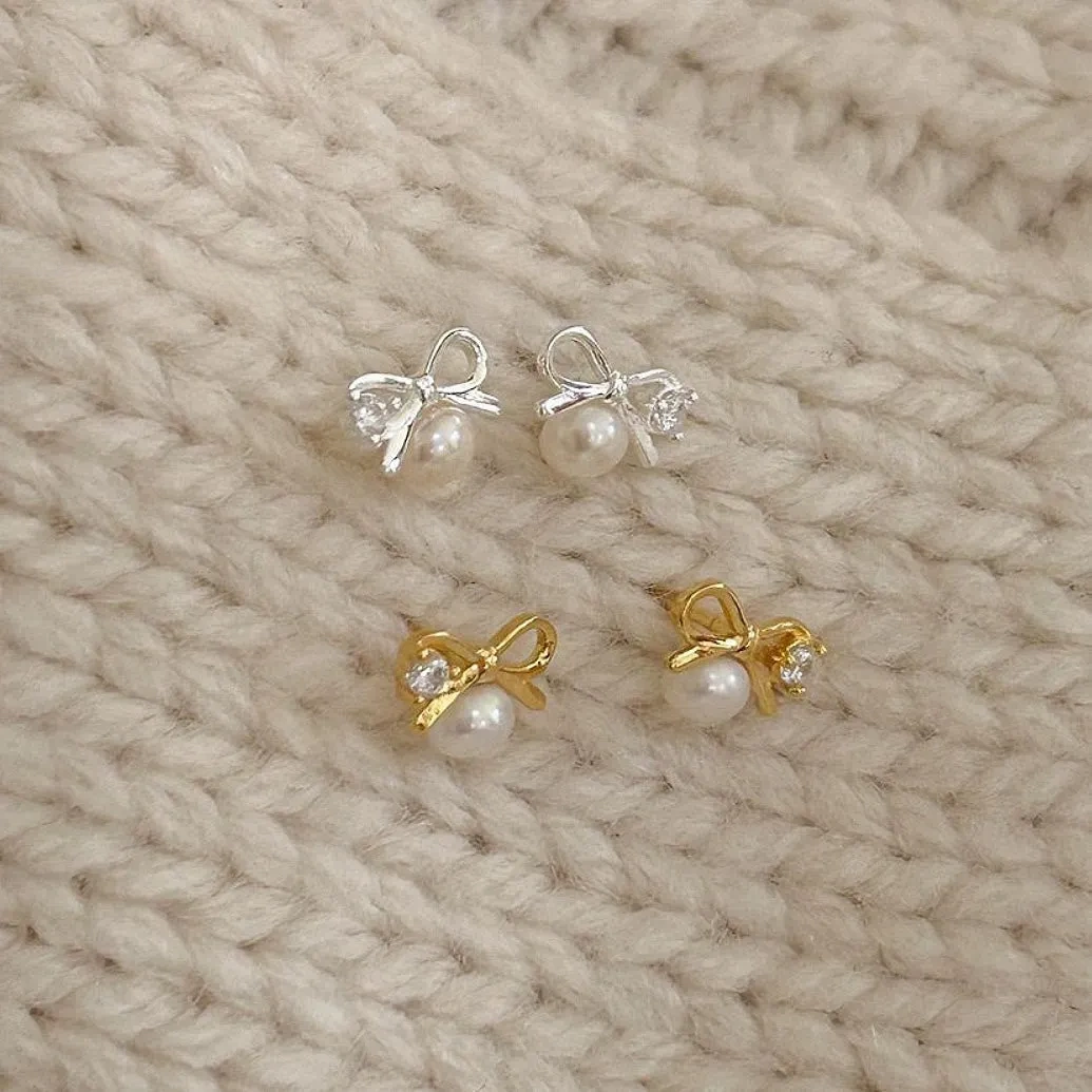 925 silver micro-set zircon pearl bow stud earrings