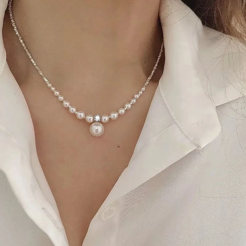 925 silver faux pearl crushed silver necklace