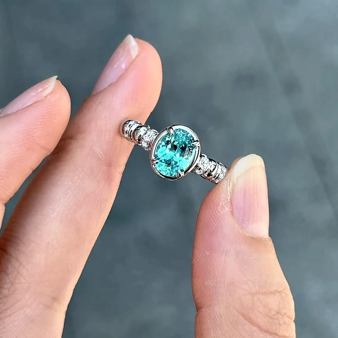 925 silver 6*8 imported ice flower cut shallow sea blue ring