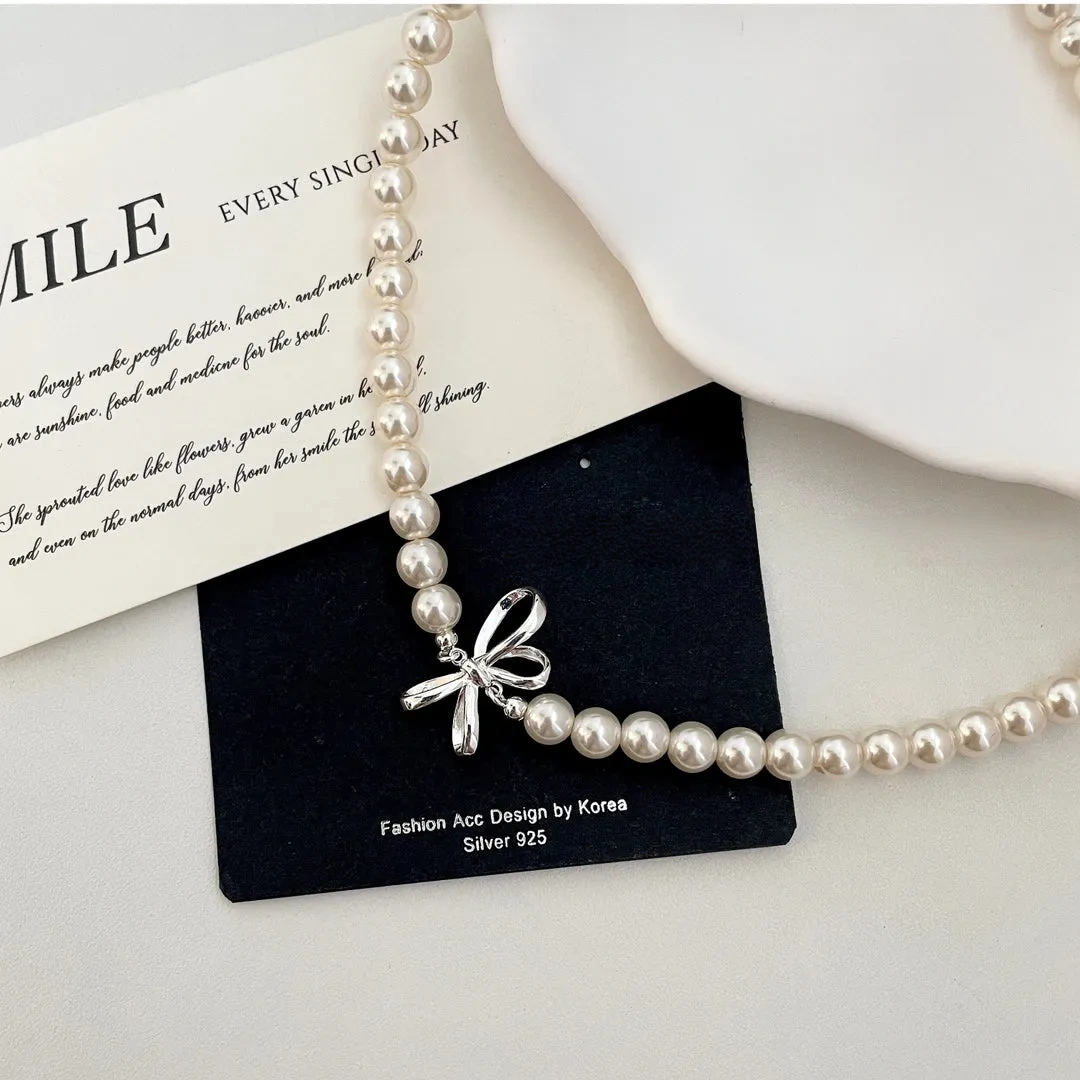 925 Silver Sweet Bow Pearl Necklace