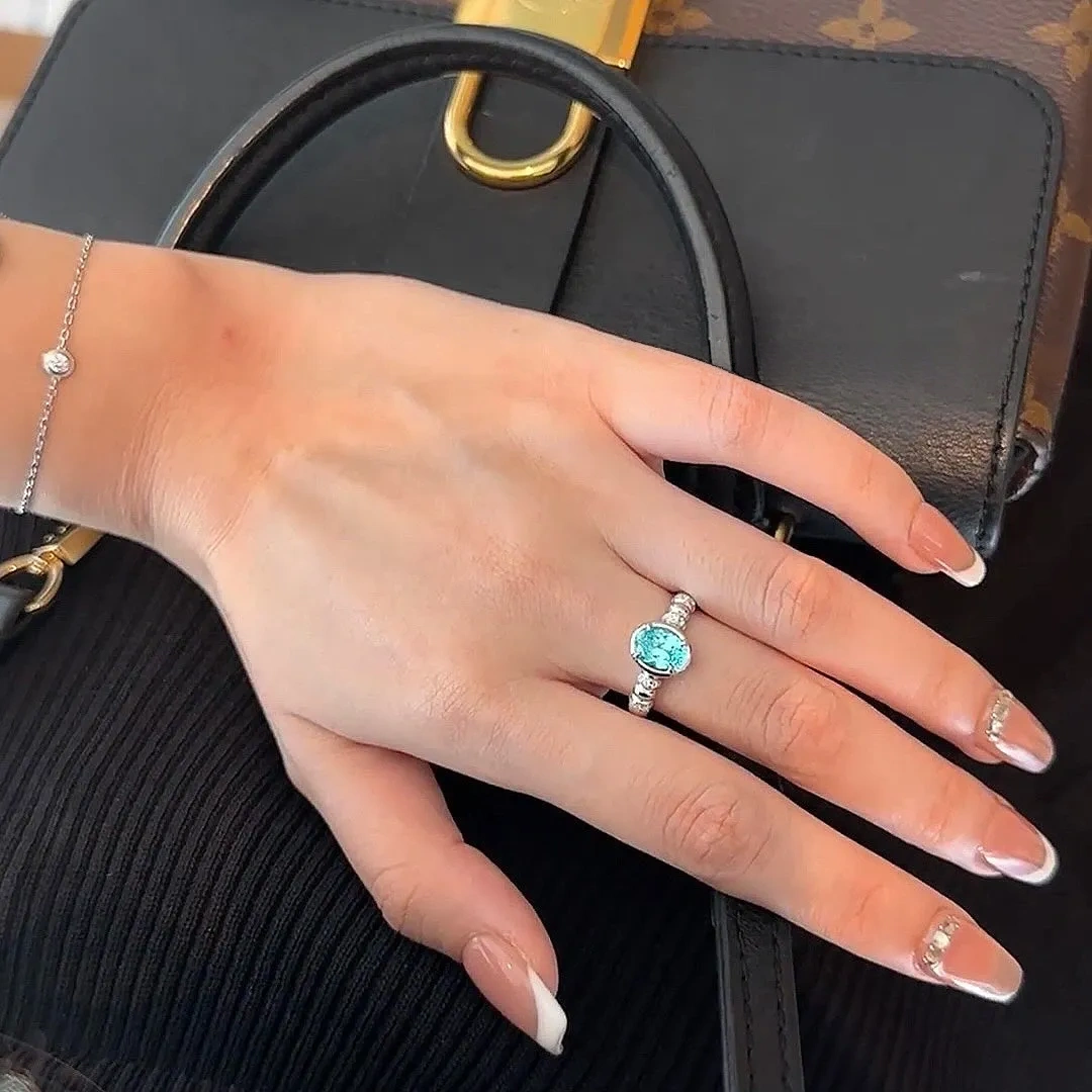 925 silver 6*8 imported ice flower cut shallow sea blue ring