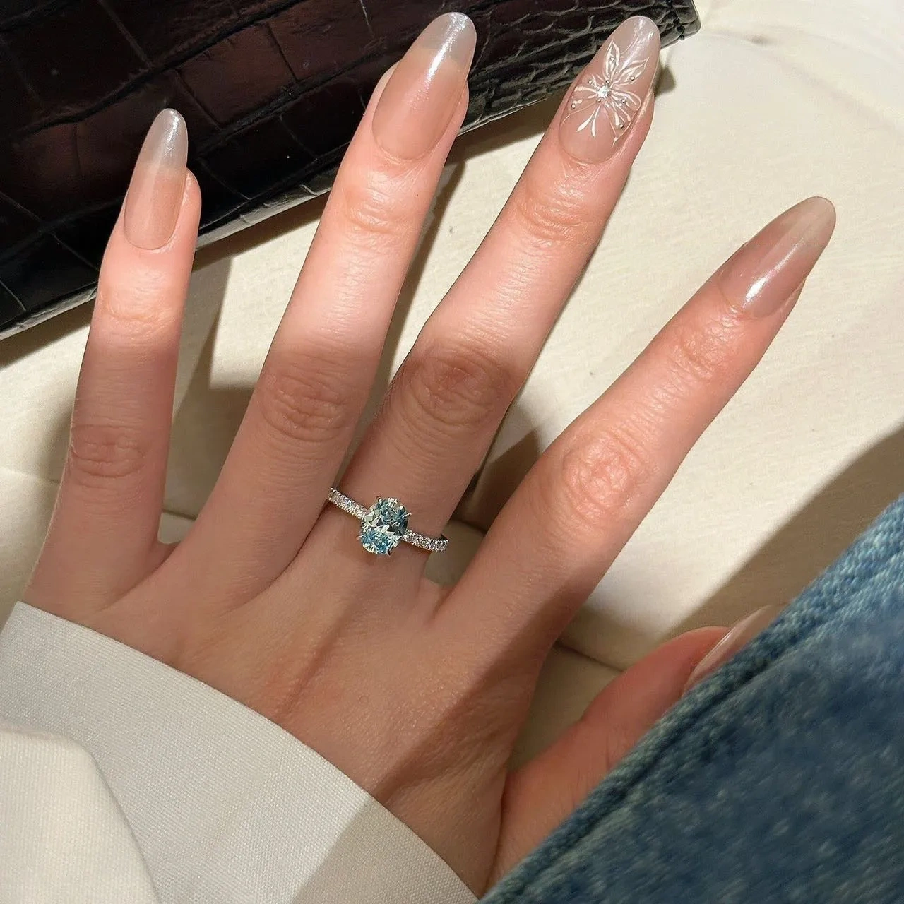 925 Silver High Carbon Diamond Sea Blue Zirconia 6*8 Ring