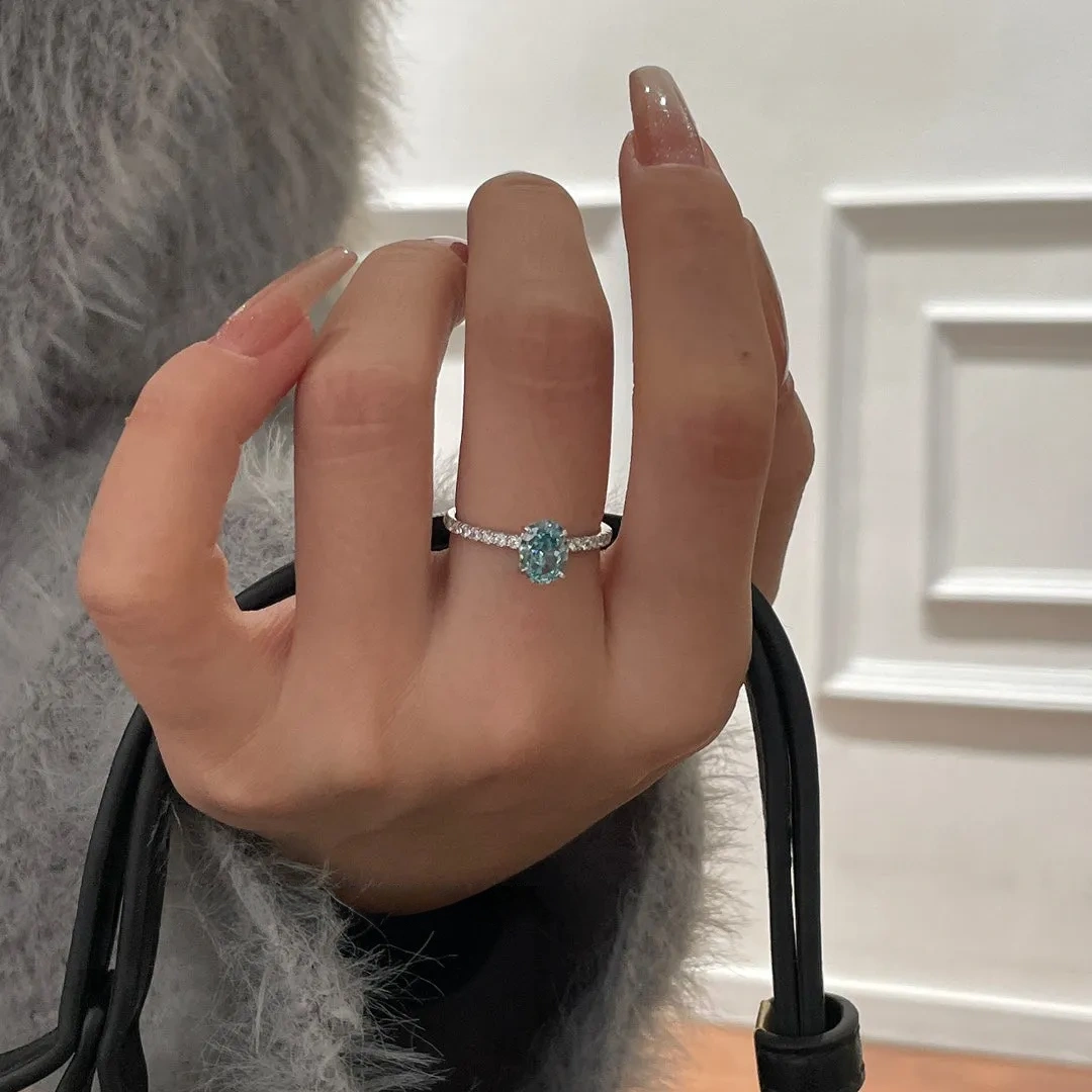 925 Silver High Carbon Diamond Sea Blue Zirconia 6*8 Ring