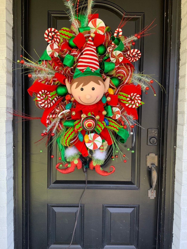 Elf Wreath Lighted Christmas wreath Christmas Door wreath image 9