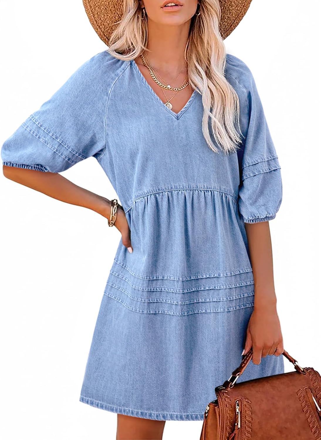 HOT SALE Women's Casual V Neck Puff Short Sleeve Denim Dress