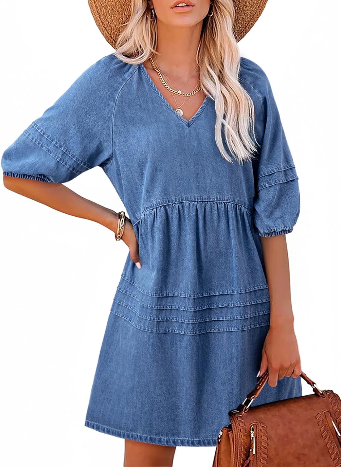HOT SALE Women's Casual V Neck Puff Short Sleeve Denim Dress