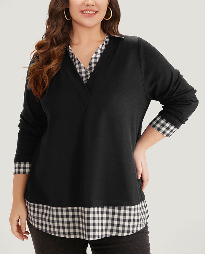 Plaid patchwork shirt V-neck curved hem sweatshirt【Buy Two Free Shipping】