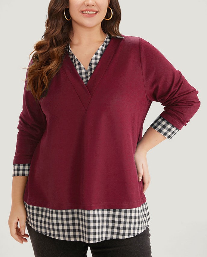 Plaid patchwork shirt V-neck curved hem sweatshirt【Buy Two Free Shipping】