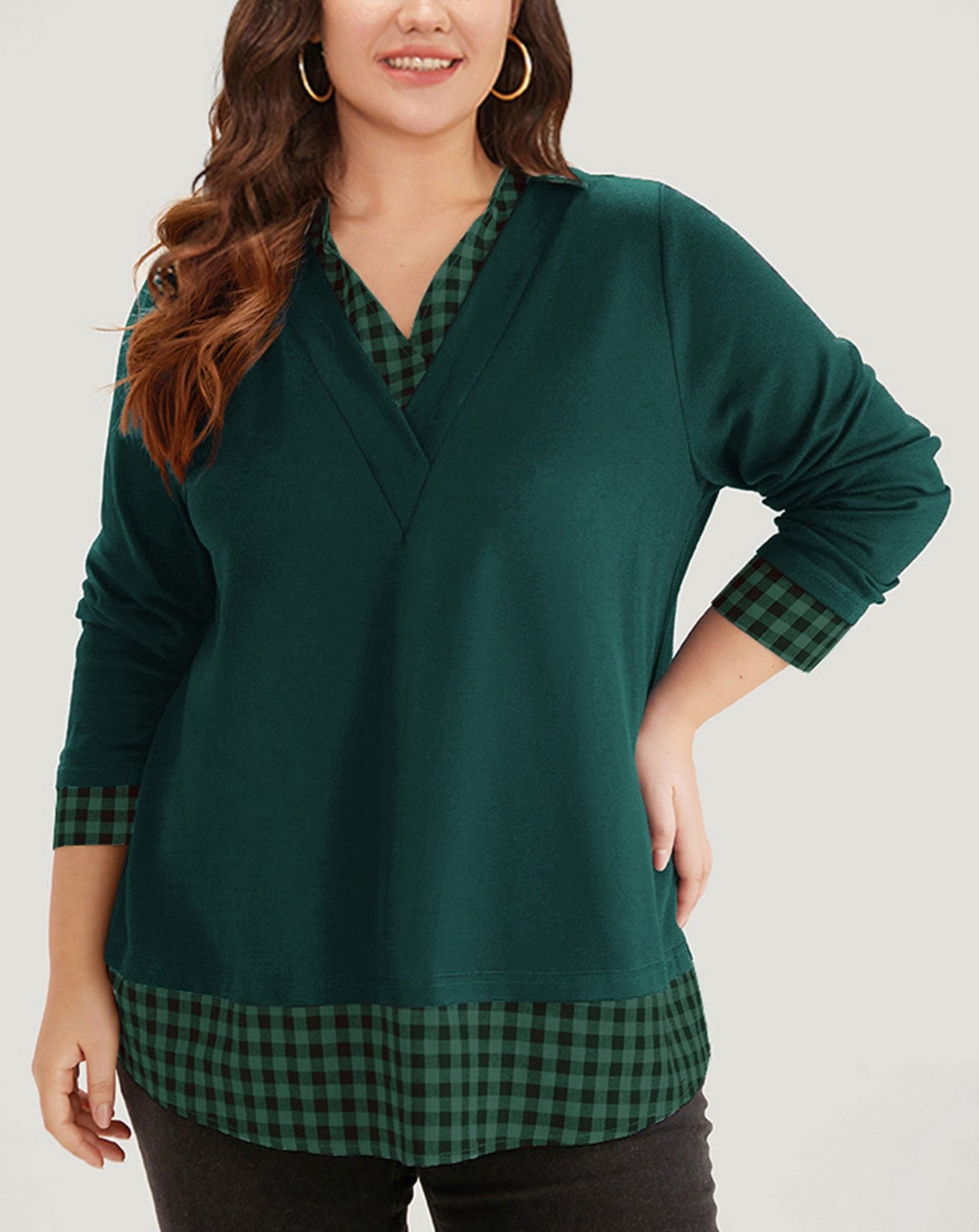 Plaid patchwork shirt V-neck curved hem sweatshirt【Buy Two Free Shipping】