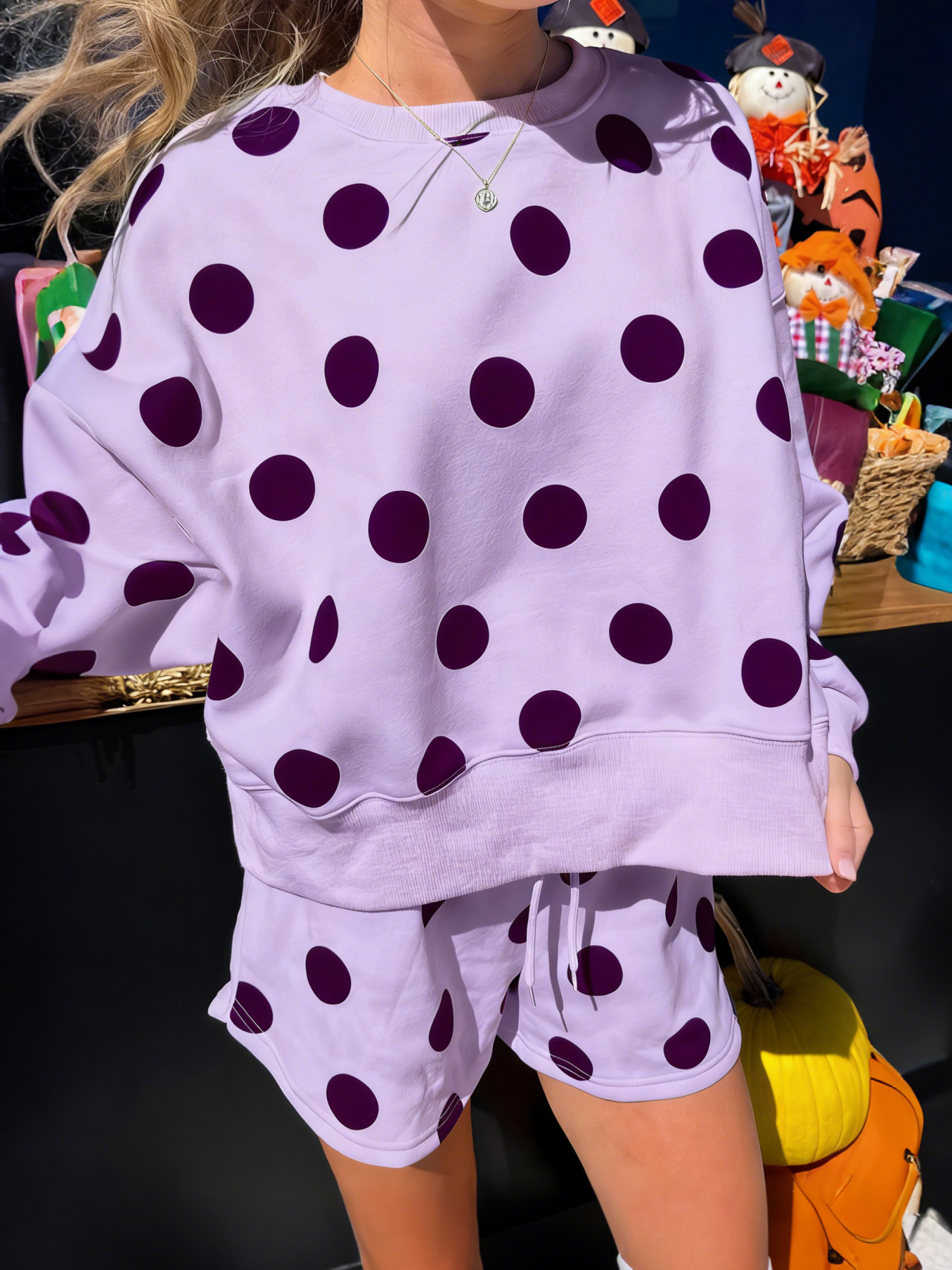 Polka Dot Print Drop Shoulder Pullover Drawstring Shorts Set