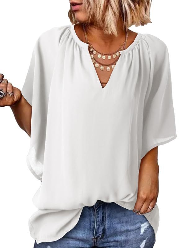 New Women's V Neck 3/4 Batwing Sleeve Blouse Pleated Flowy Tunic Tops(Buy 3 Free Shipping)
