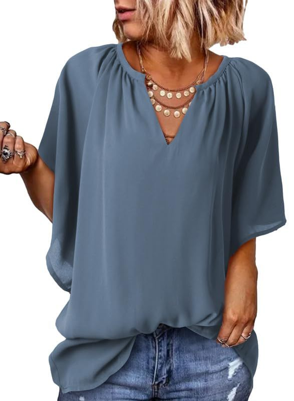 New Women's V Neck 3/4 Batwing Sleeve Blouse Pleated Flowy Tunic Tops(Buy 3 Free Shipping)