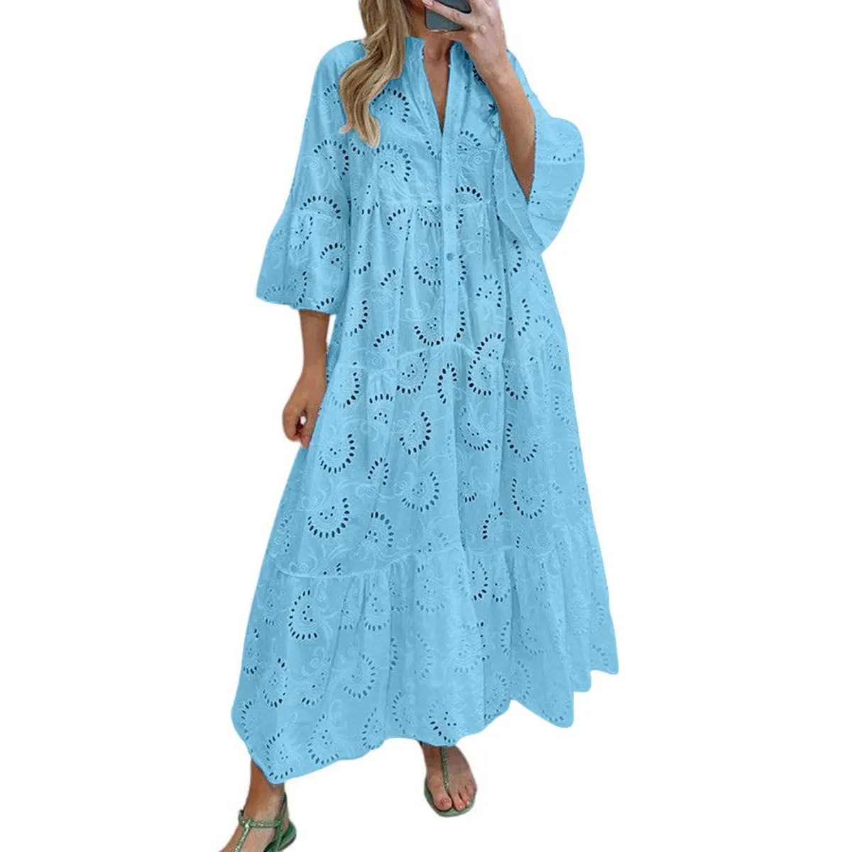 Women's Boho Lace Eyelet Embroidery Maxi Dress