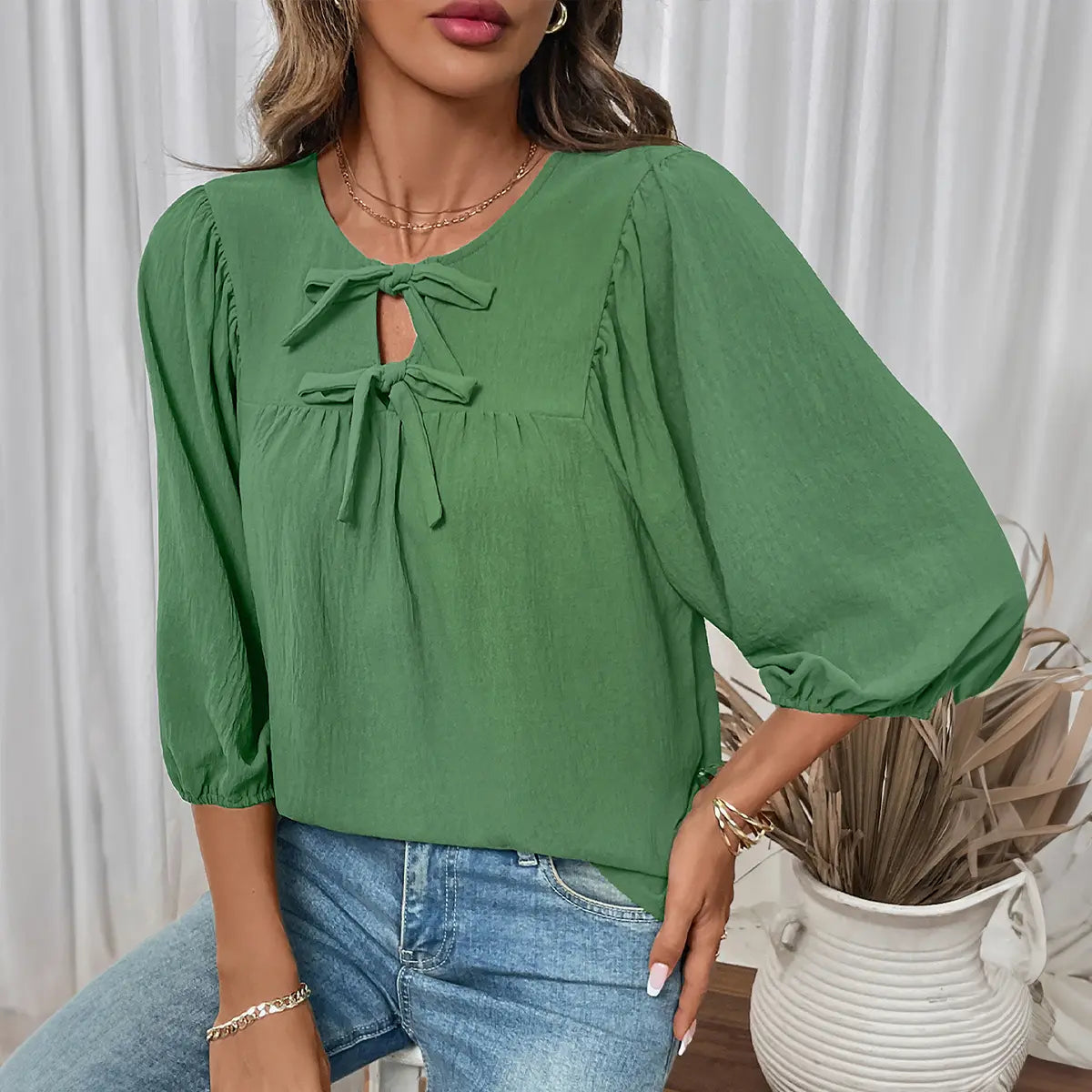 2026 Spring/Summer Women's Casual Solid White Tunic Blouse