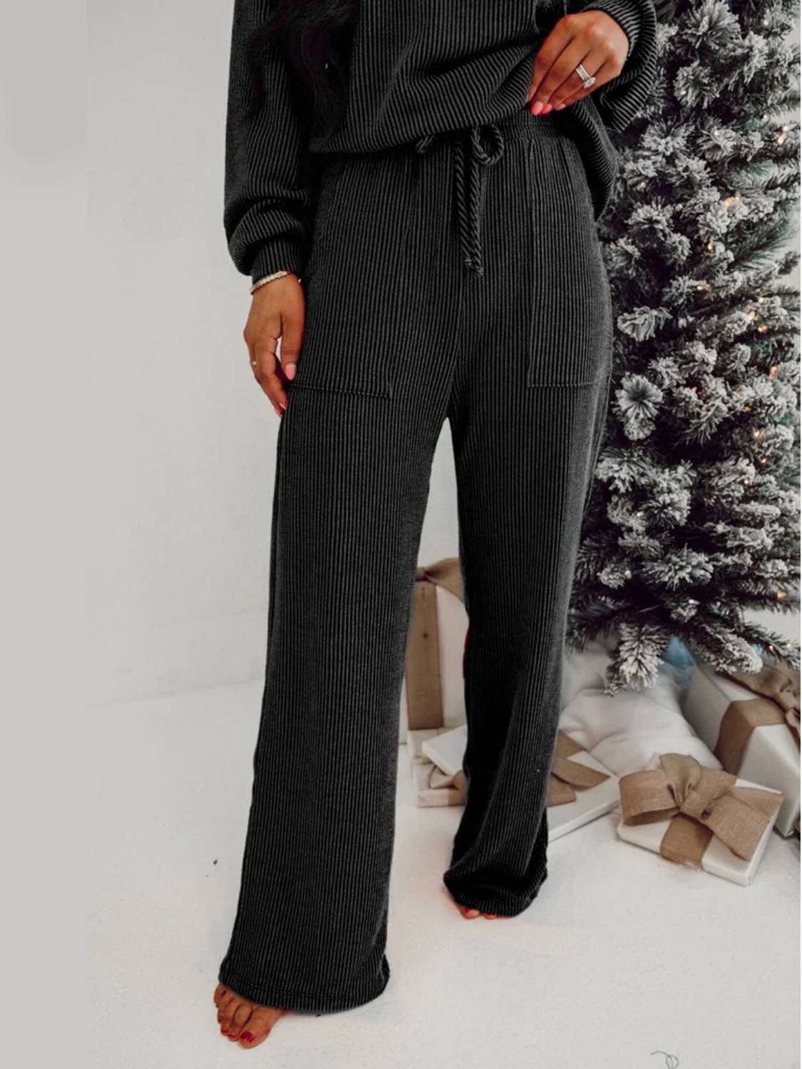 Womens JOLLY Graphic Christmas  Ribbed Long Sleeve Top and Pants 2 Piece Set