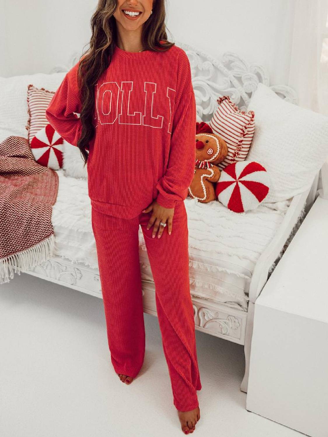 Womens JOLLY Graphic Christmas  Ribbed Long Sleeve Top and Pants 2 Piece Set