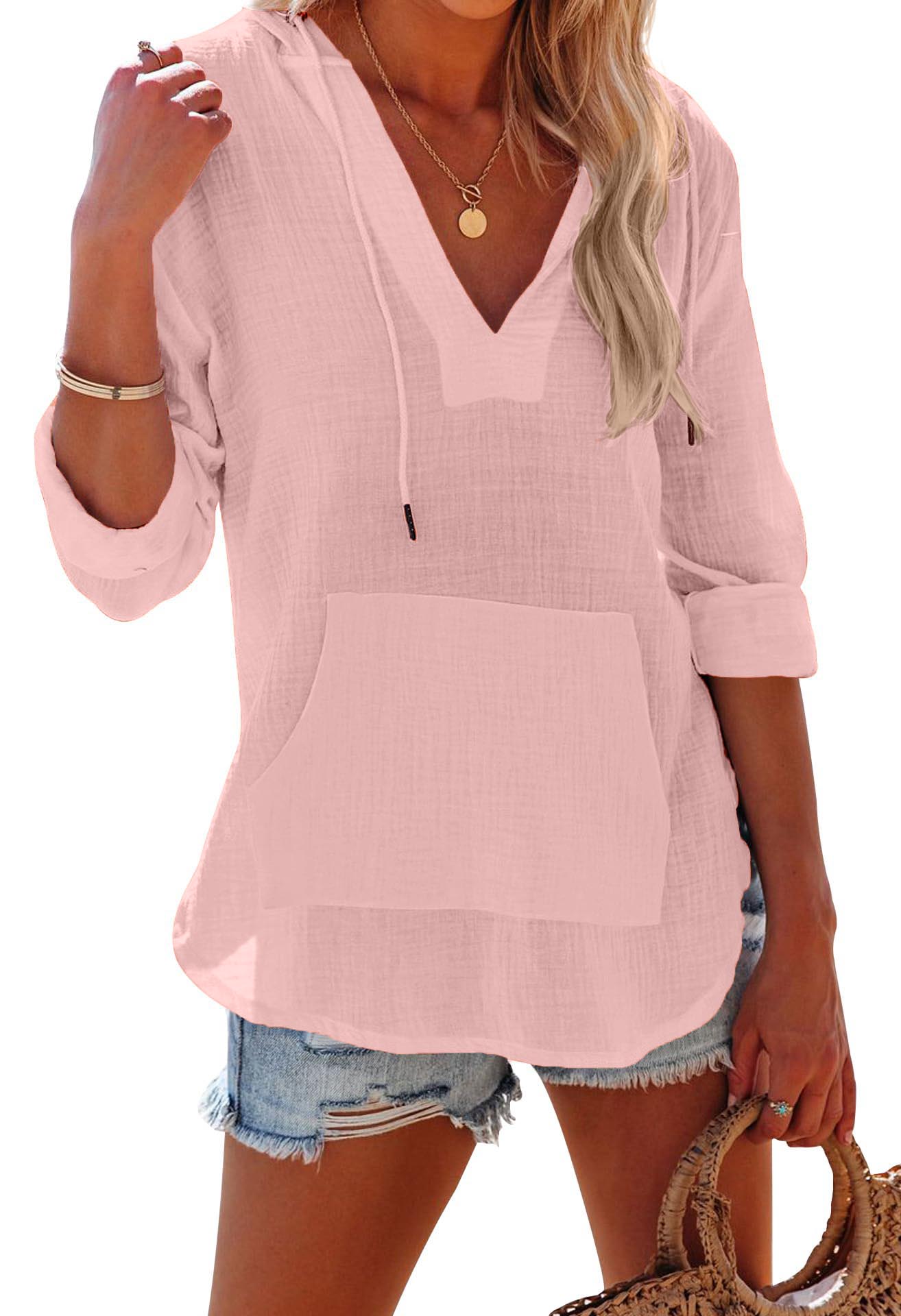 2025 New Women's Long Sleeve V Neck Pocketed Hooded Shirt Top(buy 2 free shipping)