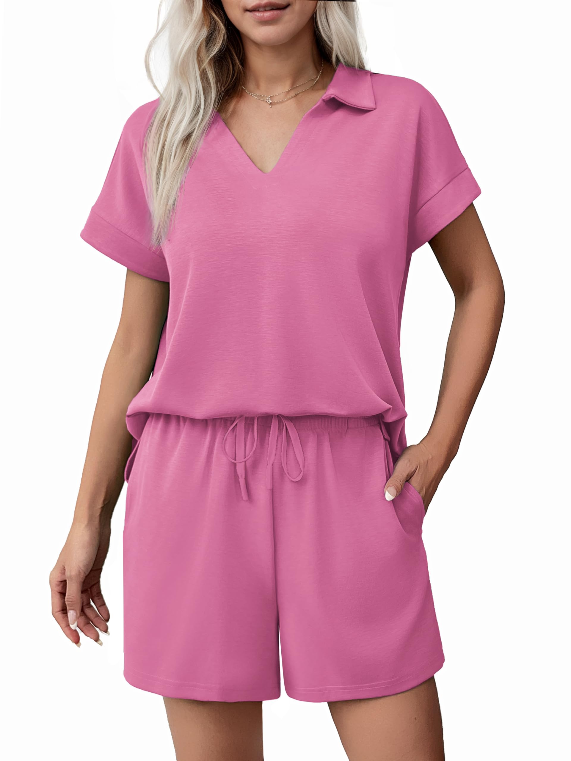 Women Summer Lounge Sets Short Sleeve Sweatshirt V-neck Tops and Drawstring Shorts Outfits Tracksuit (BUY 2 FREE SHIPPING!!!)