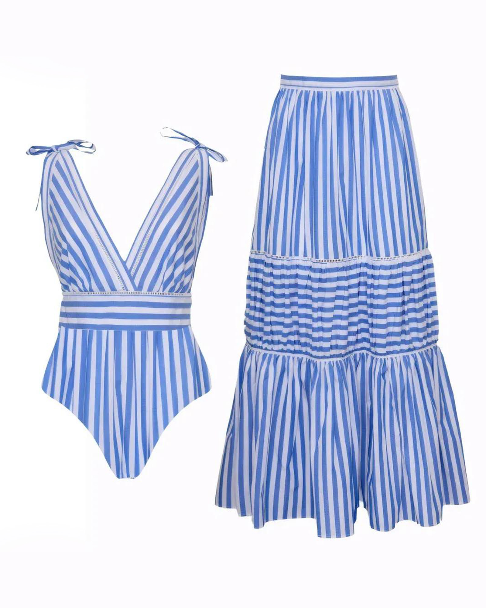 Bowknot Striped Print One Piece Swimsuit and Skirt (Buy 2 Free Shipping)