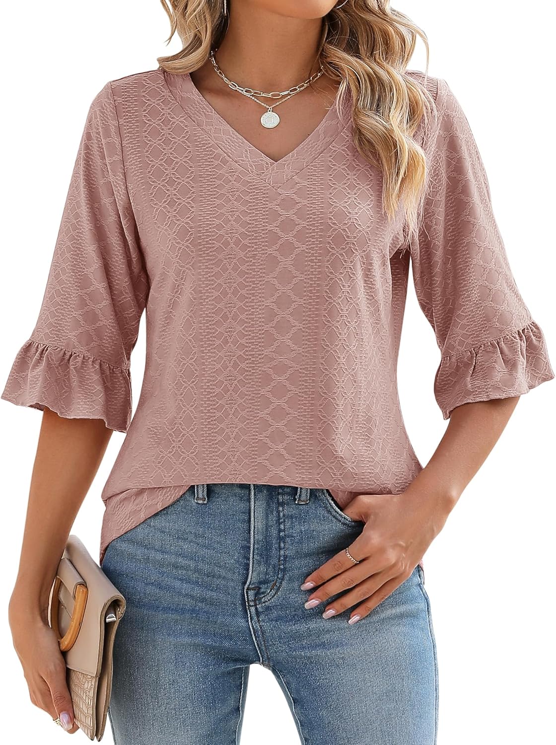 Womens 3/4 Length Sleeve V-Neck Eyelet Casual Ruffle Sleeve Tunic Blouses