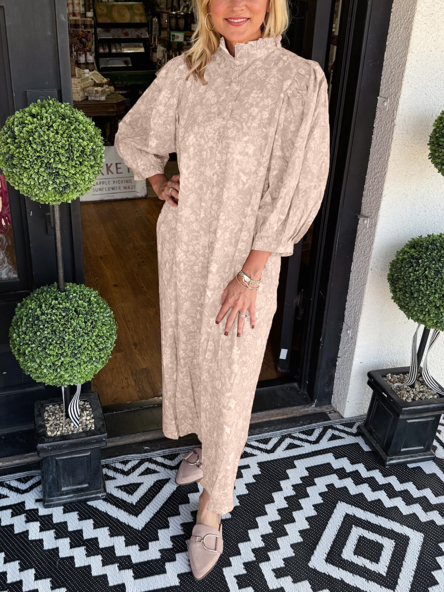 Floral Puff Sleeve Buttoned Maxi Dress (Buy 2 Free Shipping)