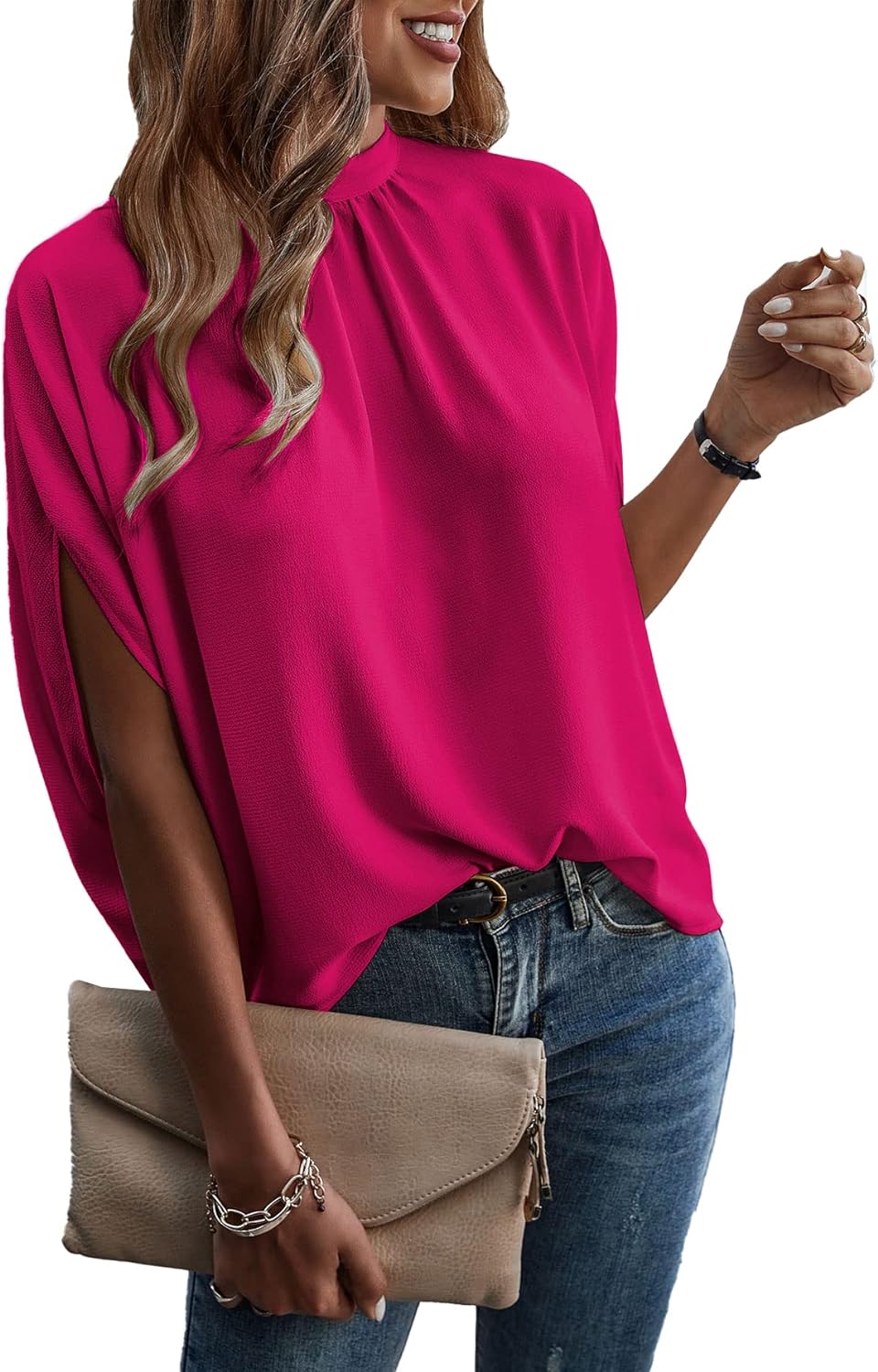 Women's Mock Neck Batwing Sleeve Blouse Loose Fit Tie Back Summer Tunic Tops