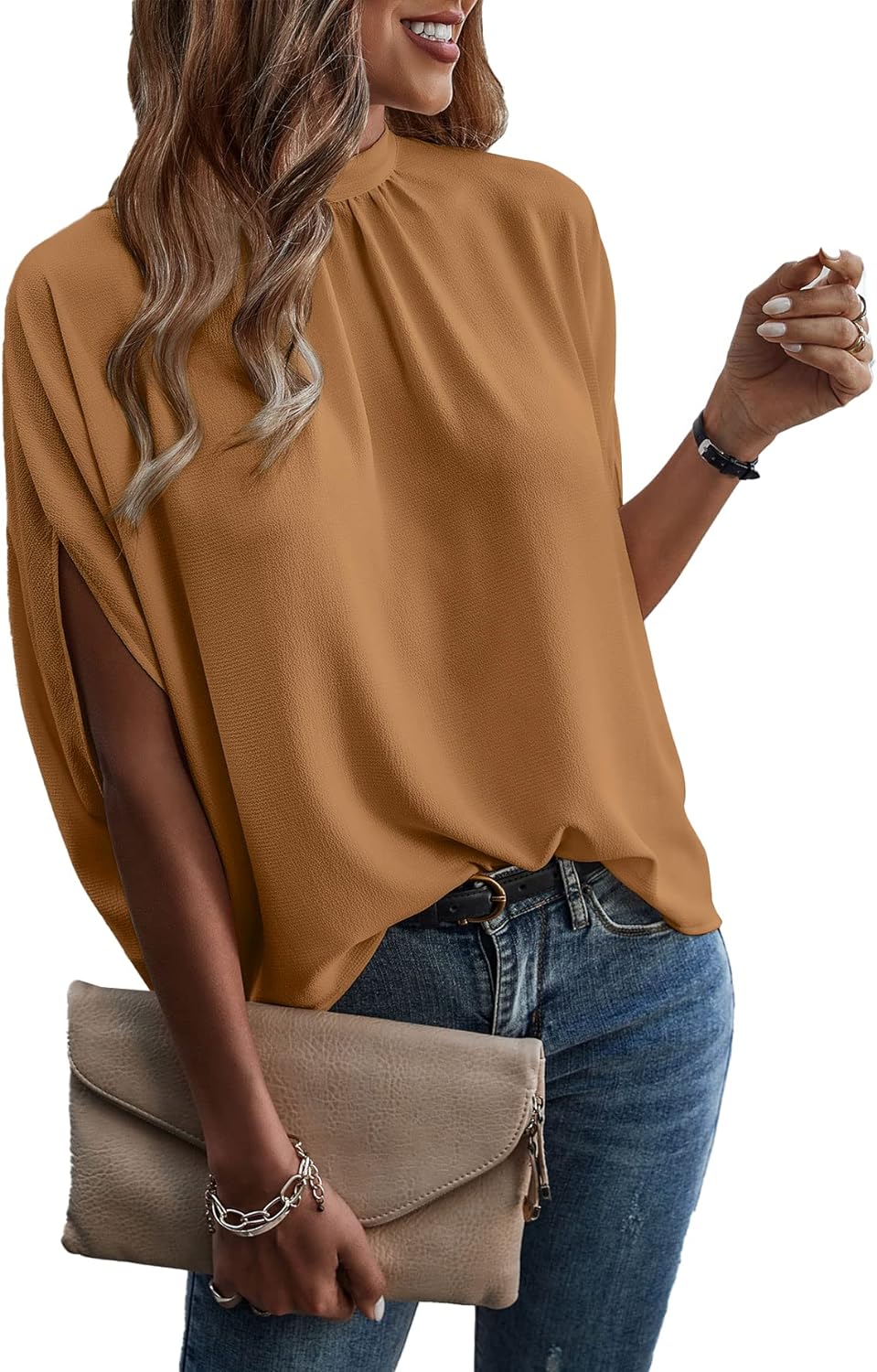 Women's Mock Neck Batwing Sleeve Blouse Loose Fit Tie Back Summer Tunic Tops