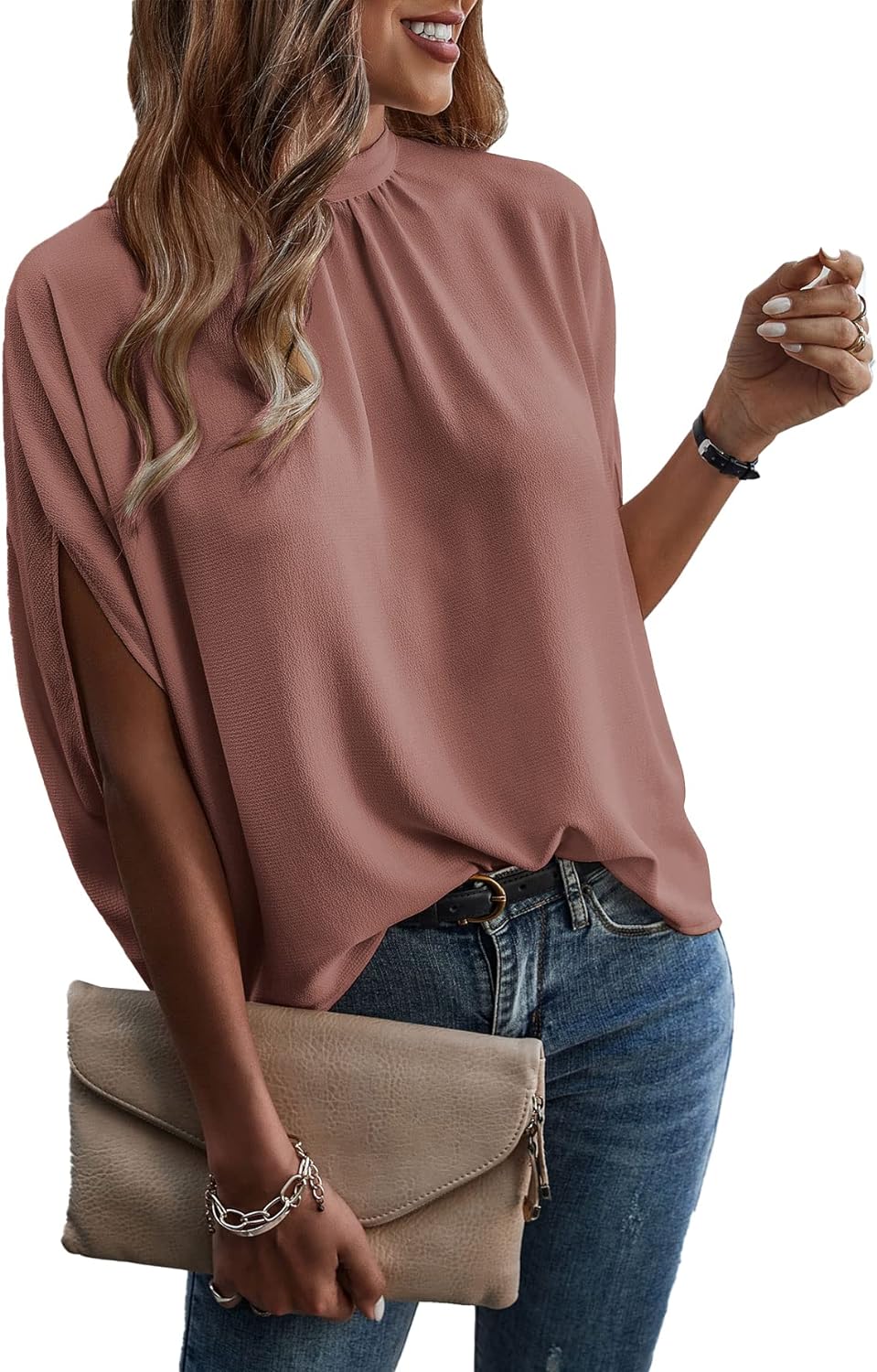 Women's Mock Neck Batwing Sleeve Blouse Loose Fit Tie Back Summer Tunic Tops