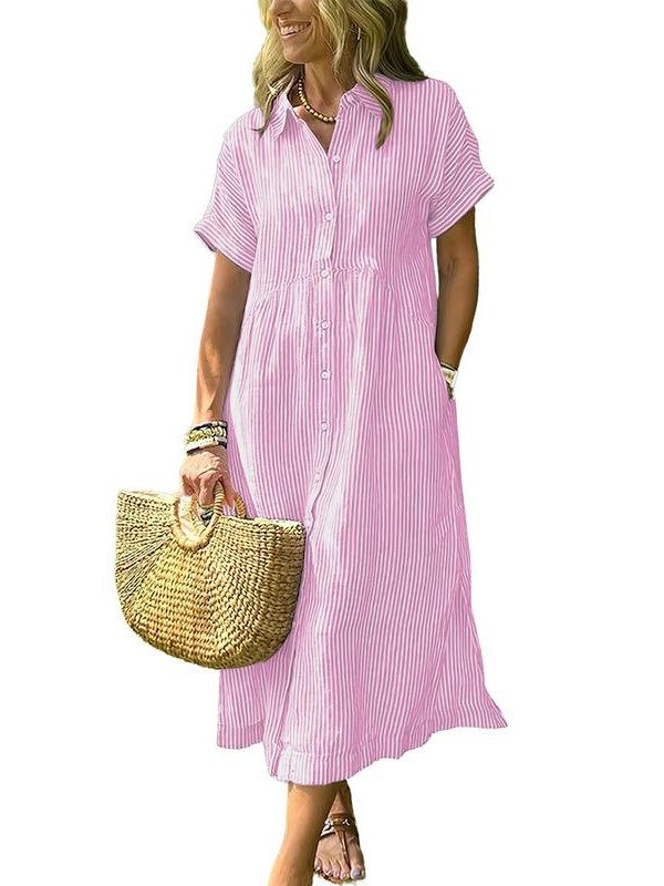 Women's Striped Side Slit Loose Shirt Dress with Pockets