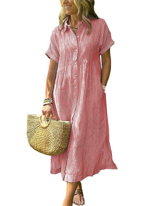 Women's Striped Side Slit Loose Shirt Dress with Pockets