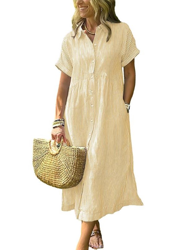 Women's Striped Side Slit Loose Shirt Dress with Pockets