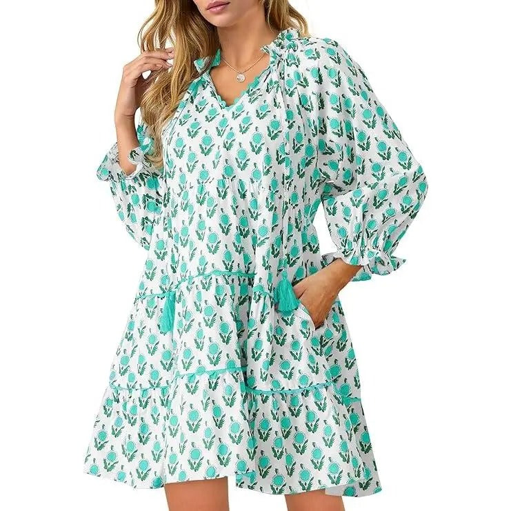 Women's Casual Floral Ruffle V-Neck Mini Dress with Pockets