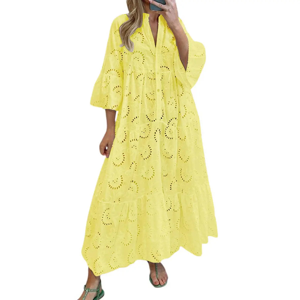 Women's Boho Lace Eyelet Embroidery Maxi Dress