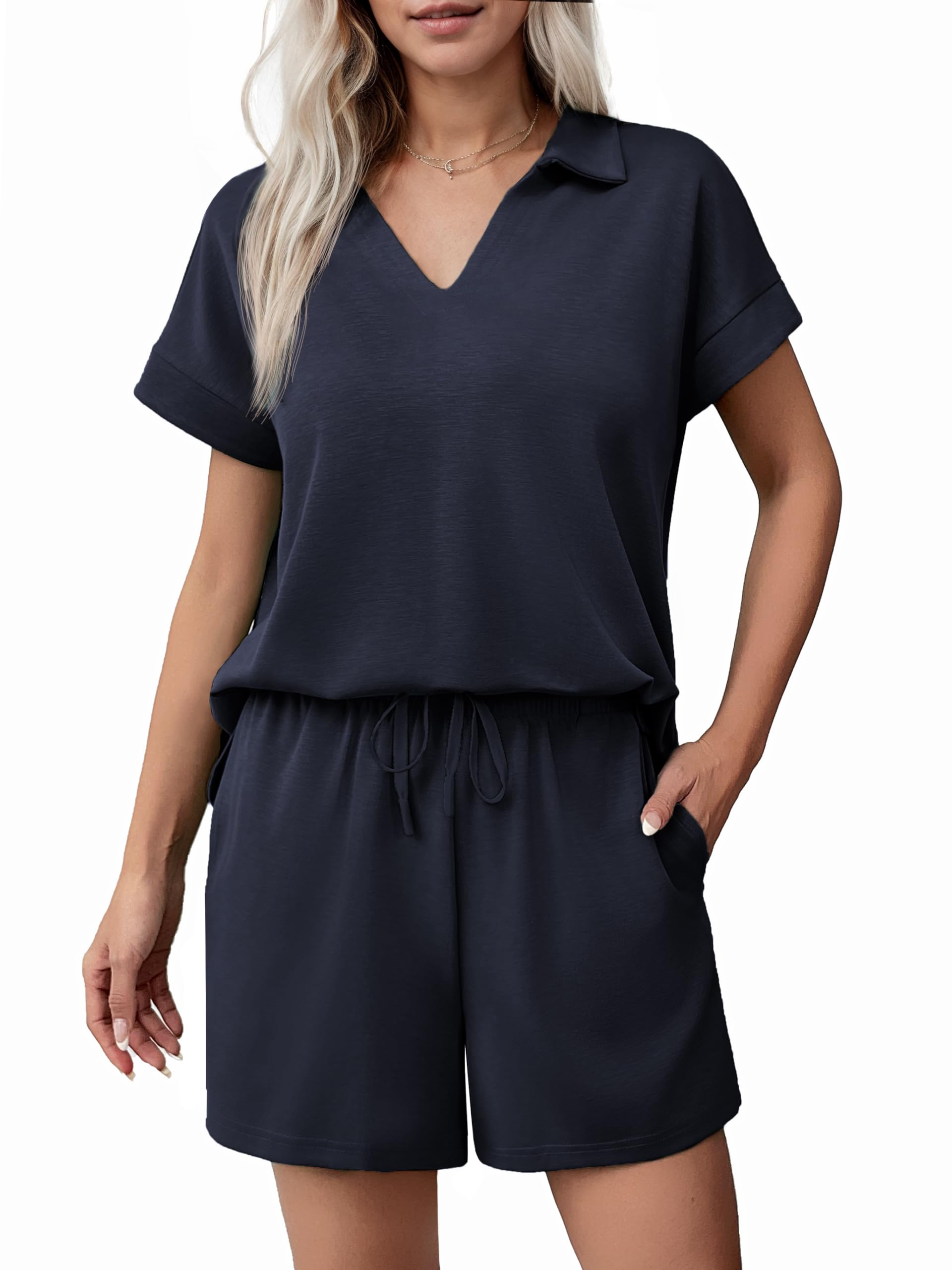 Women Summer Lounge Sets Short Sleeve Sweatshirt V-neck Tops and Drawstring Shorts Outfits Tracksuit (BUY 2 FREE SHIPPING!!!)