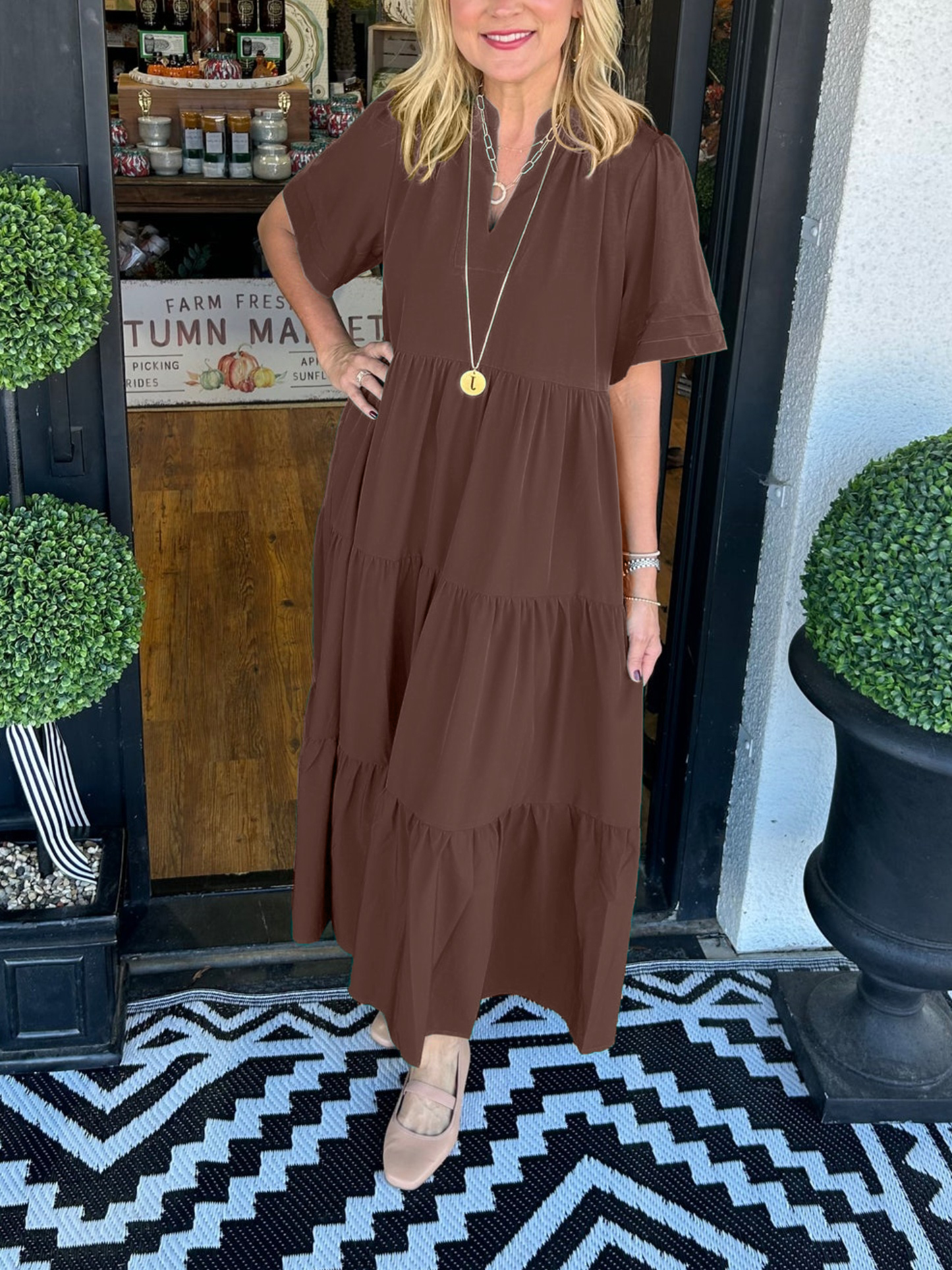 V-Neck Tiered Midi Dress with Pockets (Buy 2 Free Shipping)