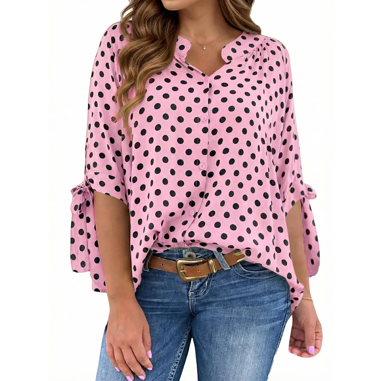 Womens Polka Dot Blouse V Neck Bow Tie Cuff Half Sleeve